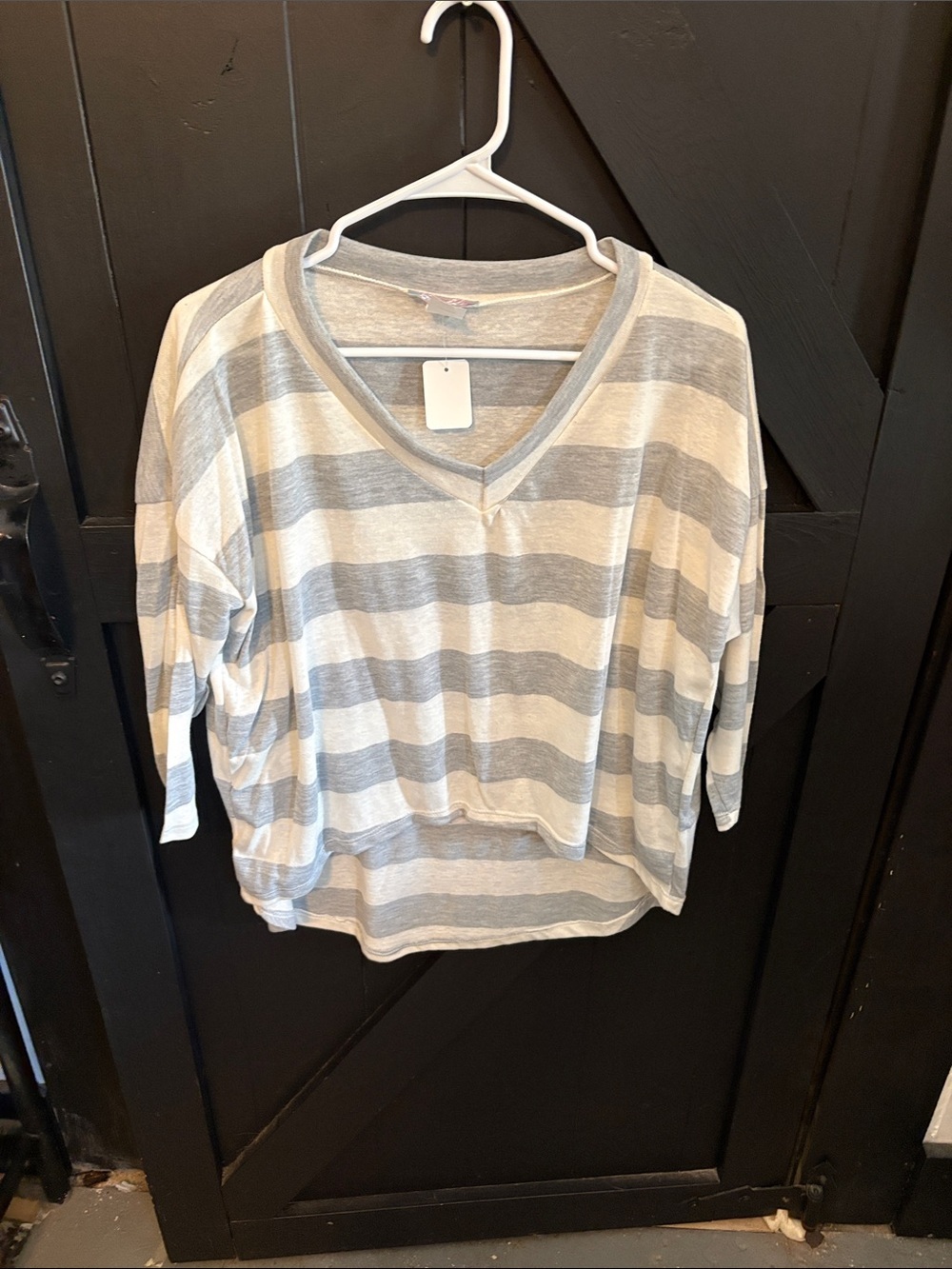 Striped V-Neck Women’s Top - Gray & Cream